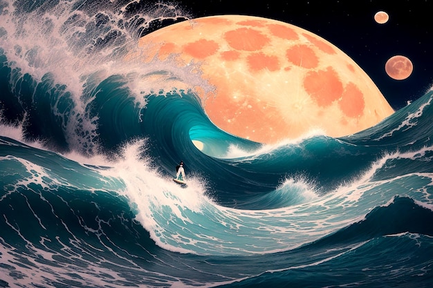 A mesmerizing scene of waves crashing against the shore under a big luminous moon rendered