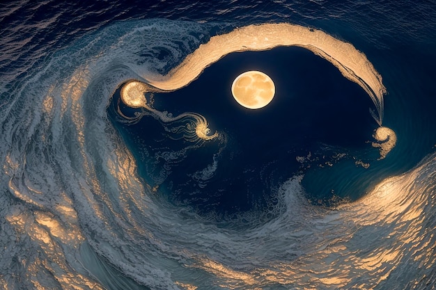 A mesmerizing scene of waves crashing against the shore under a big luminous moon rendered