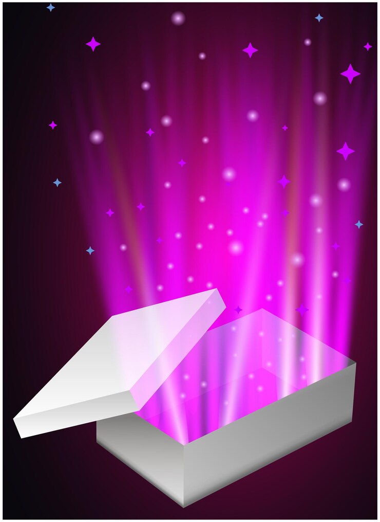 Vector a mesmerizing vector illustration of an open magic gift box radiating a glowing light with sparkling