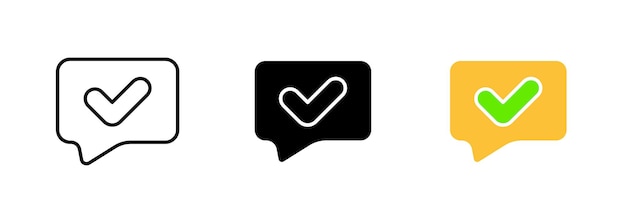 Vector message bubble with a checkmark inside which may represent the concept of a successfully sent or delivered message vector set of icons in line black and colorful styles isolated