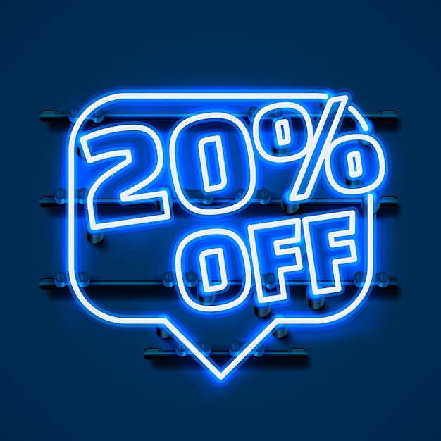 Message neon 20 off text banner. night sign. vector illustration