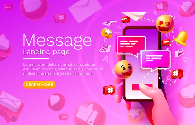 Message with many icons chat for communication of people landing page vector