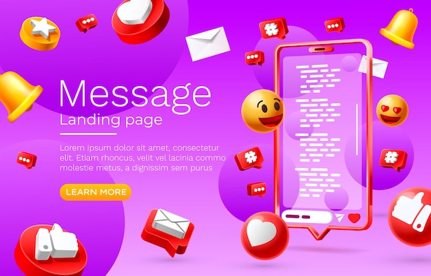많은 아이콘이 있는 메시지 방문 페이지 벡터의 커뮤니케이션을 위한 채팅