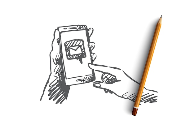 Messaging, mail, smartphone, connect, internet concept. hand drawn smartphone in human hands with symbol of mail sent concept sketch.