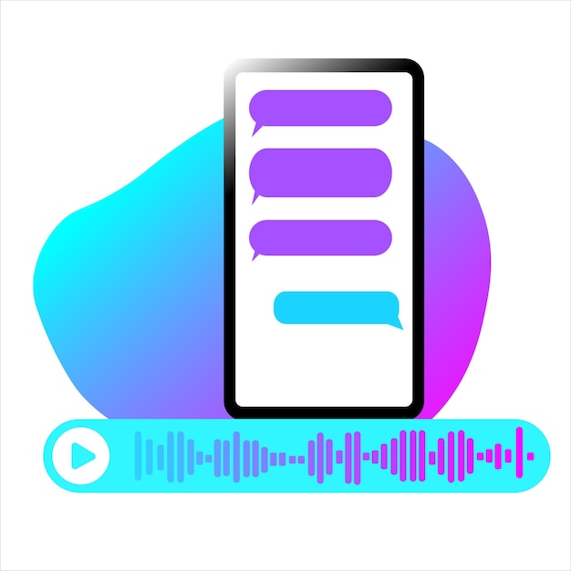 Vector messenger screenshot in phone with gradient blue purple and turquoise stain on the background voice mail input online communication chat message texting abstract pattern mockup of smart device