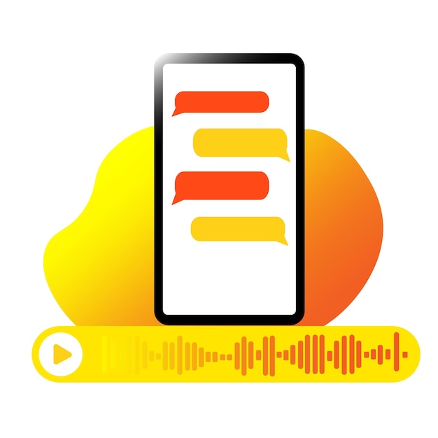 背景にグラデーションの黄色とオレンジ色の染みが付いた携帯電話のメッセンジャーのスクリーンショット ボイスメール入力オンラインコミュニケーション チャットメッセージメールテキスト スマートデバイスの抽象的なパターンのモックアップ