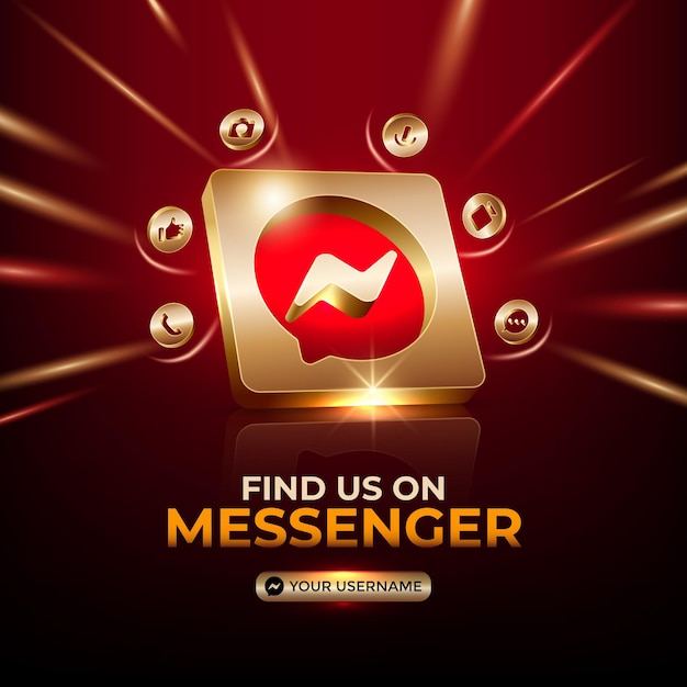 Banner quadrato messenger 3d icona oro per post sui social media di promozione della pagina aziendale