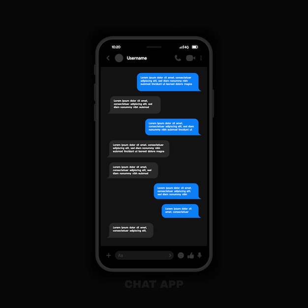 어두운 인터페이스의 메신저 Ui 및 Ux 개념. 메신저 채팅 화면이있는 스마트 폰. .