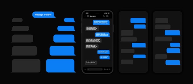 회전 목마 스타일의 메신저 채팅 화면이 있는 어두운 인터페이스 스마트 폰이 있는 메신저 UI 및 UX 개념 대화 벡터 일러스트를 작성하기 위한 SMS 템플릿 거품