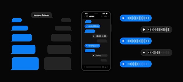 Интерфейс Messenger и концепция UX с темным интерфейсом. Смартфон с экраном чата мессенджера и голосовой волной. Смс и голосовые пузыри шаблонов для составления диалогов. .