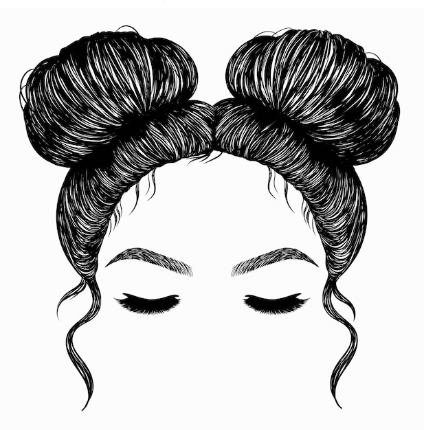 Vettore chignon disordinato capelli ragazza con ciglia chignon disordinato viso ciglia top knot mamma doppio chignon