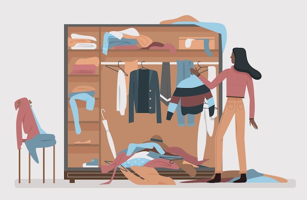 Vector messy closet, dressing home room interior with cartoon woman