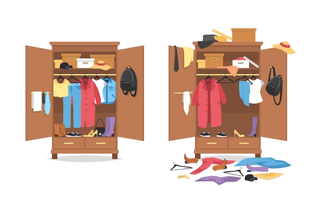 Vector messy clothes in wardrobe. garments before, after organization in wooden closet, organized and thrown clothing shoes and accessories, cleaning and storing things, female fashion vector cartoon concept