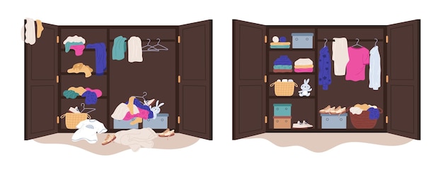 Messy clothes in wardrobe Putting wears in order home wooden closet Garments distribution by shelves Declutter in cabinet Coats and jeans hanging on hangers Garish vector concept
