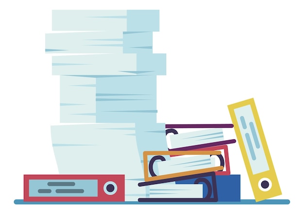 Vector messy documents pile unorganized paper sheets and file binders