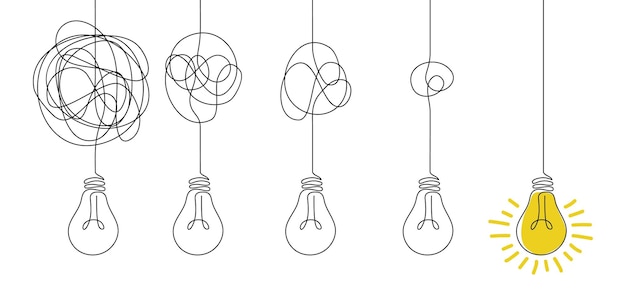 Messy lines and bulb Idea concept with lamps Doodle tangled cord and broken illuminator Process of untangling wire to supply electricity to lightbulb Vector metaphor illustration