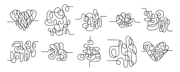 Vettore linee disordinate linee caotiche impasto di pensieri linee disordinate set cuore linea caotica disordinata