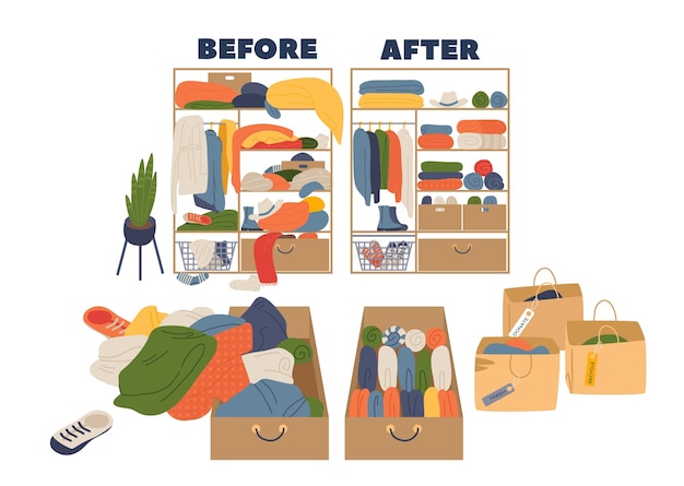 Messy and neat wardrobe drawer clothes organizer before untidy and after tidy cleaning on shelves
