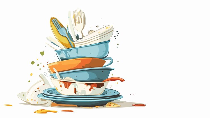 Vector messy pile of unwashed dishes kitchen chores concept