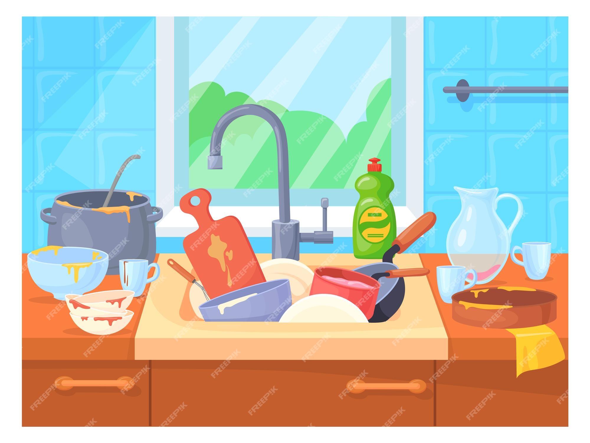 Premium Vector | Messy sink with dirty dishes cartoon kitchen interior Premium Vector | Messy sink with dirty dishes cartoon kitchen interior