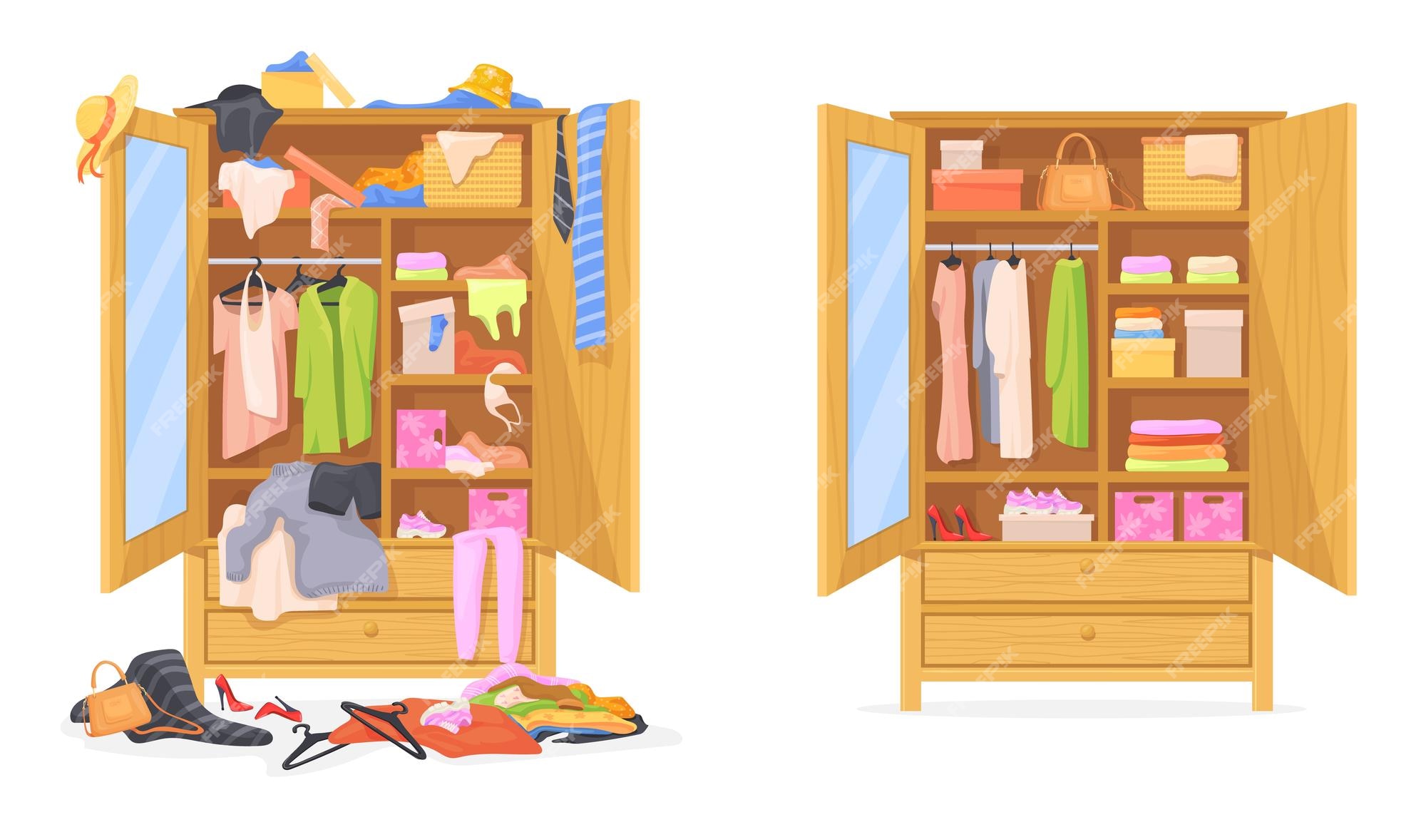 Premium Vector | Messy wardrobe cleaning throwing things home closet ...