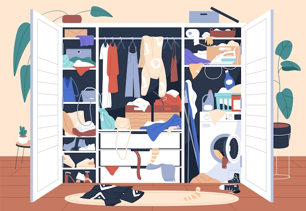 Vector messy wardrobe full of untidy clothes piles. mess and clutter inside open closet. chaos, disorder and storage disorganization in dressing room. lot of scattered things. flat vector illustration