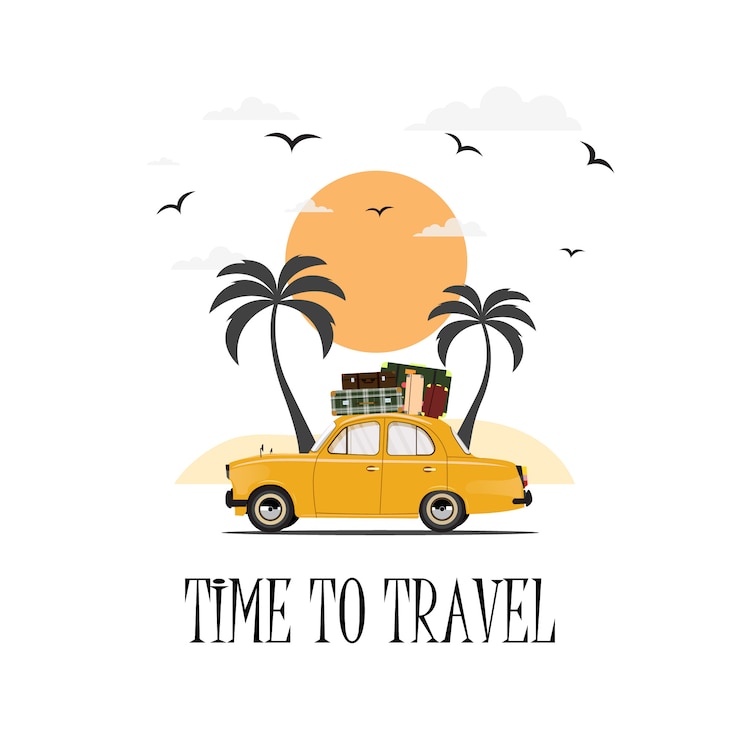 Vector met de auto reizen. rondrit. tijd om te reizen, toerisme, zomervakantie.