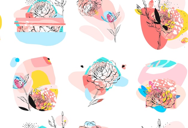 Met de hand gemaakt vector abstract getextureerde trendy creatieve universele collage naadloze patroon met pioenroos bloemen motief floral composities geïsoleerd op een witte achtergrond met verschillende texturen en vormen