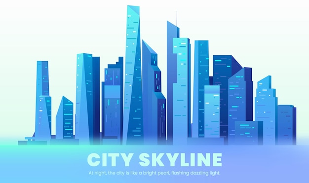 Met de hand geschilderde blauwe skyline van de stad geïllustreerd met vele wolkenkrabbers