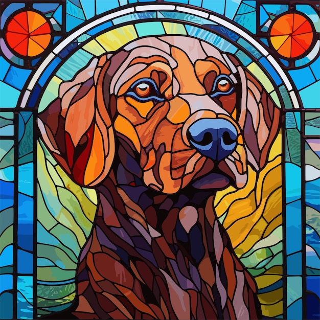 Vector met de hand getekend een close-up van het gezicht van een hond in een glas-in-loodraam