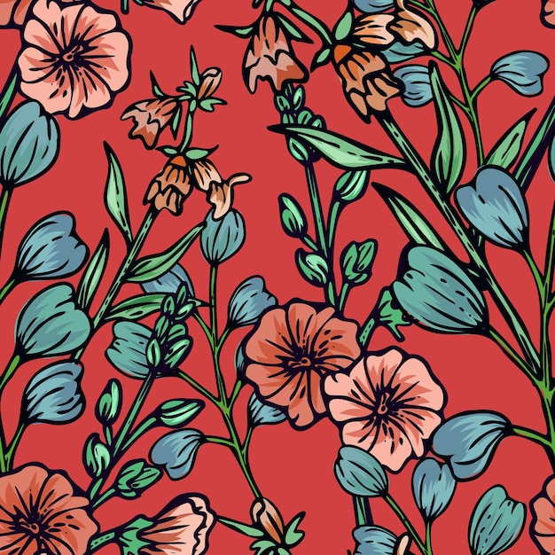 Met de hand getekend elegant kleurrijk naadloos patroon met botanisch bloemenontwerp illustratie