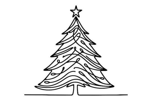 Met de hand getekend kerstboom contour doodle vector Continuous een zwarte lijn tekening van Merry Christmas dennenboom minimalistisch ontwerp illustratie op witte achtergrond