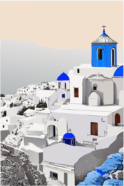 met de hand getekend Santorini stad op de heuvel schets met blauwe zee pasteltone kleur vector illustratie