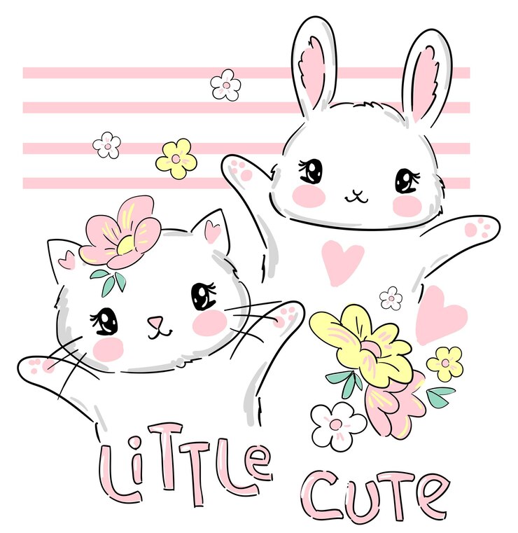 Vector met de hand getekend schattig konijntje en kattenprint voor kinderen textielontwerptrend vectorillustratie