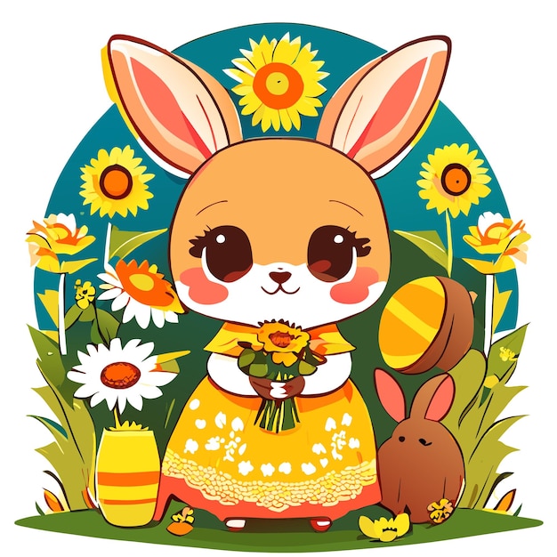 Met de hand getekend schattig konijntje in een illustratie van de zonnebloemtuin