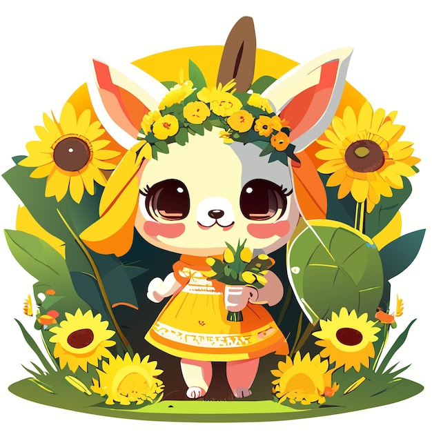 Met de hand getekend schattig konijntje in een illustratie van de zonnebloemtuin