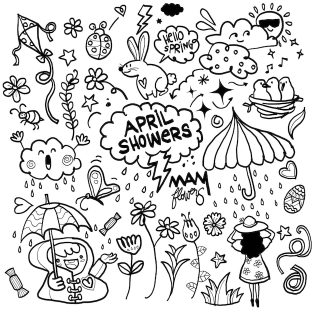 Vector met de hand getekend van hello spring en april showers doodle collectio xaxa