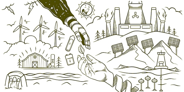 Vector met de hand getekend van save earth hernieuwbare energie ecologie doodle set elementen