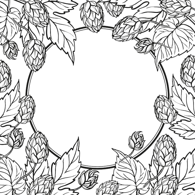 Met de hand getekend vector cirkel frame met hop plant bladeren en knoppen craft bier ingrediënten zwart-wit illustratie van tak humulus lupulus inkt illustratie geïsoleerd op witte achtergrond