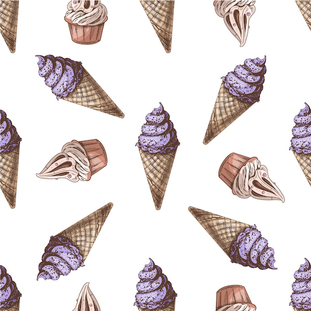 Met de hand getekend vintage gekleurd naadloos patroon van wafelkegels met ijs