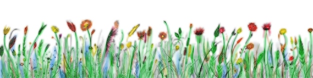 Met de hand getekend wild gras en bloemen heldere lente weide