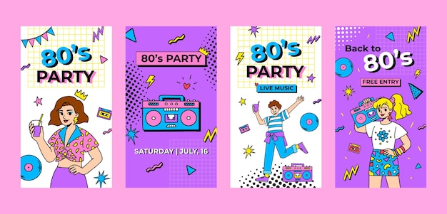 Vector met de hand getekende 80s feest instagram-verhalen