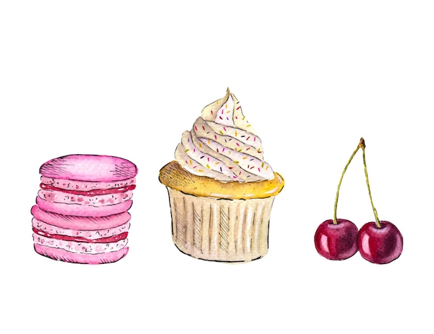 Vector met de hand getekende aquarel gebak in een schets stijl aquarel cupcake macaron en kersen