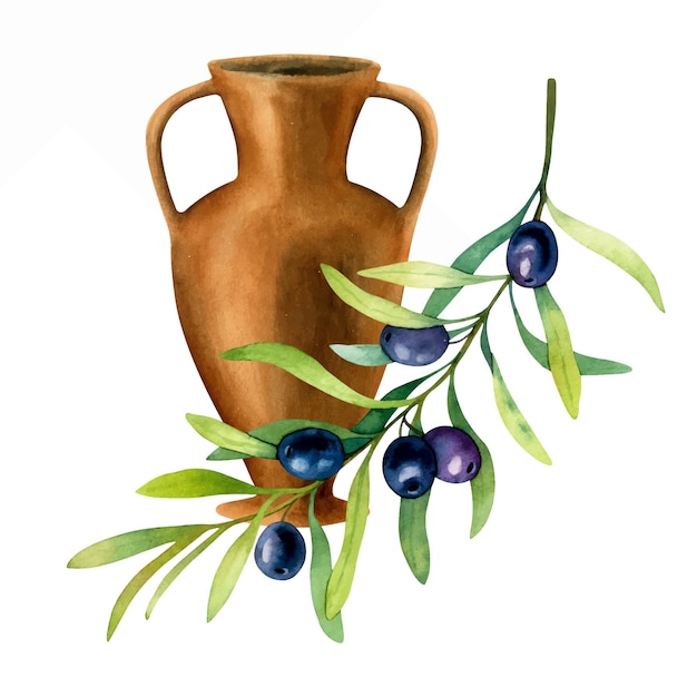 Met de hand getekende aquarelillustratie van een keramische amfora voor olijfolie met geïsoleerde olijftak