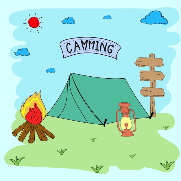 Met de hand getekende camping doodle stijl Vector illustratie