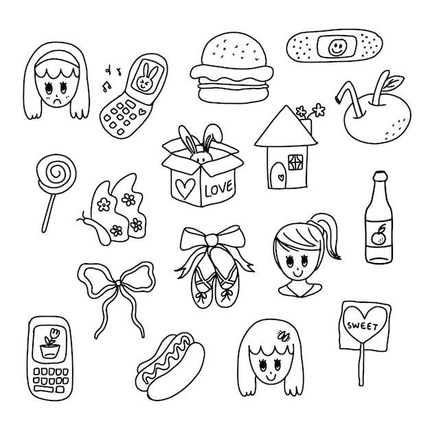 Vector met de hand getekende contouren van cartoons flip phone ballerina schoenen sinaasappelsap burger hotdog snoep