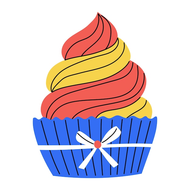 Vector met de hand getekende cupcake met room en strik zoet eten dessert helder decoratief element kleur platte vector illustratie geïsoleerd op een witte achtergrond