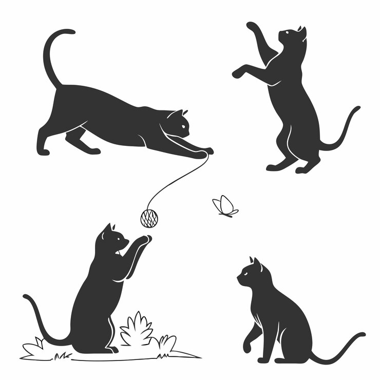 Met de hand getekende dieren silhouet set illustratie Silhouet van katten in verschillende posities met de hand getekend