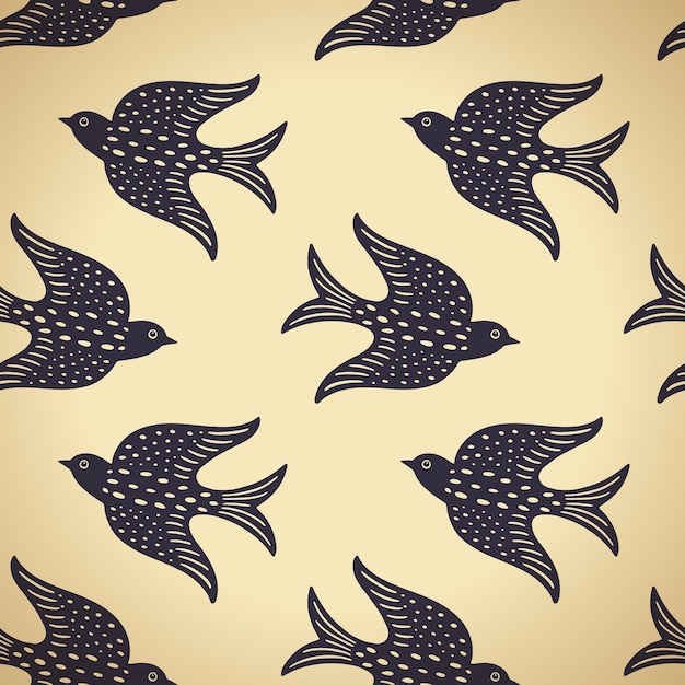 Met de hand getekende doodle decoratieve vogels naadloze textuur gestileerde volksvogels silhouet naadloos patroon