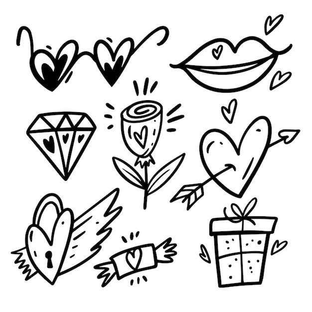 Vector met de hand getekende doodle elementen set valentijnsdag vector clipart